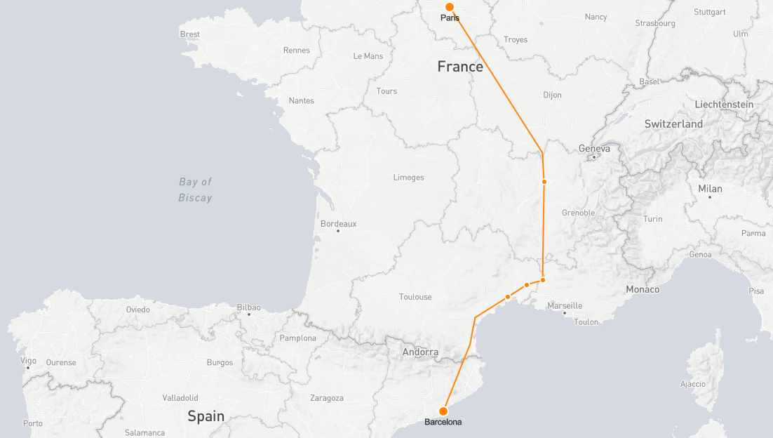 Mapa del tren de París a Barcelona