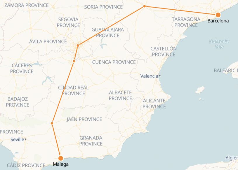 Mapa de Trenes de Barcelona a Málaga